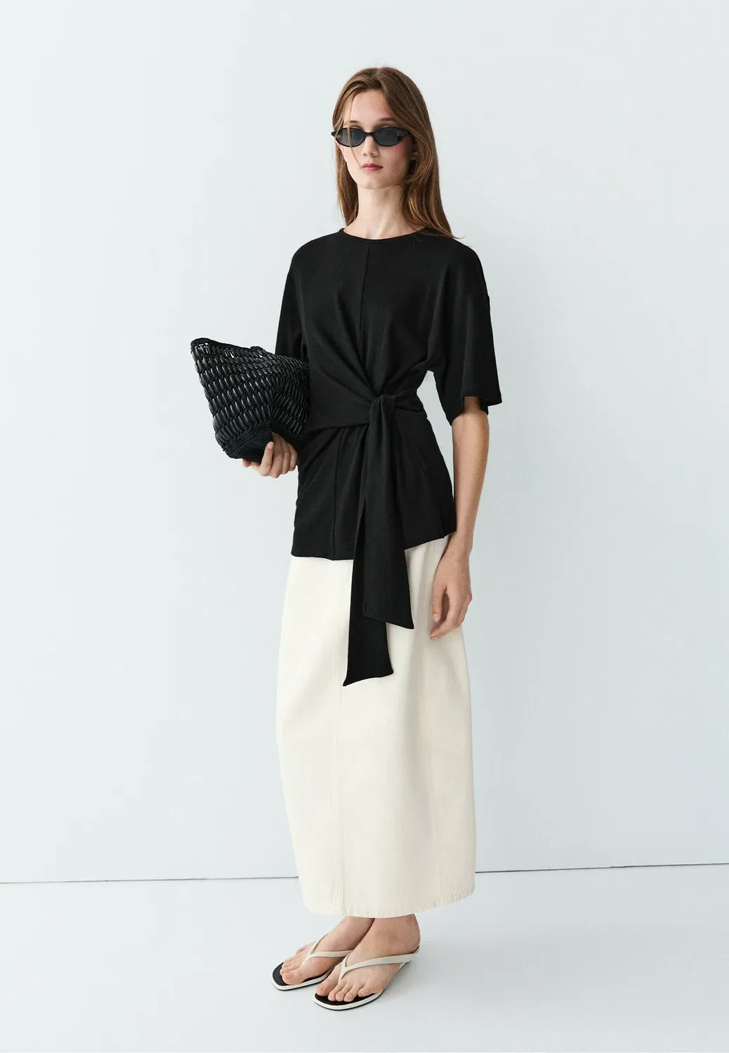 Футболка с коротким рукавом и завязкой - футболка с принтом Massimo Dutti, Black — фото 2