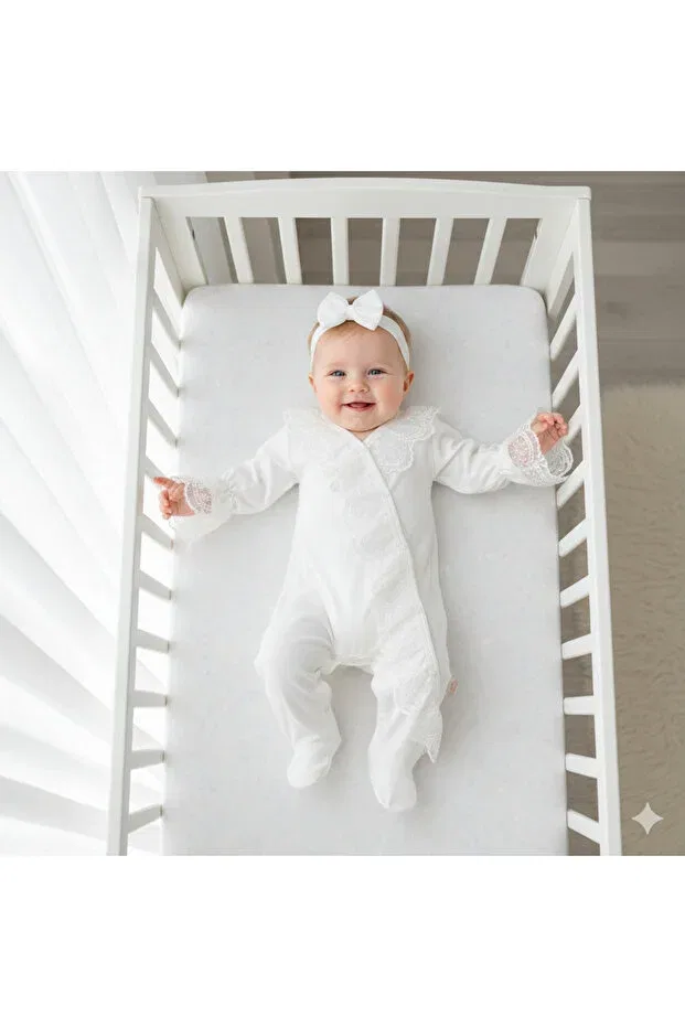 Детский комбинезон для девочек с кружевом Mevlütlük Romper Miniday Baby, Ecru — фото 3