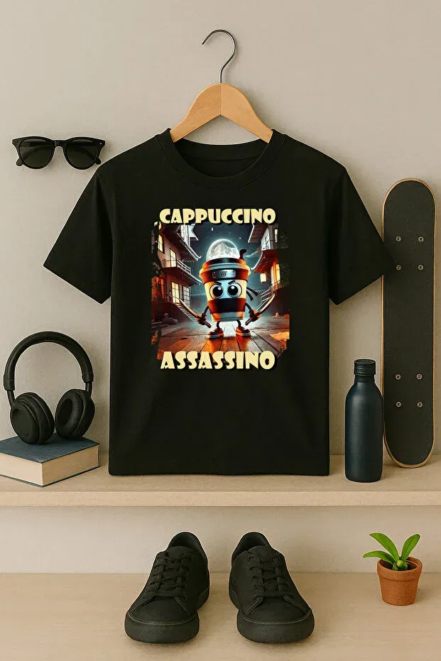 Детская футболка для девочек с принтом Blitz Cappuccino Assassino Italian Brainrot Design Blitz Istanbul, Black