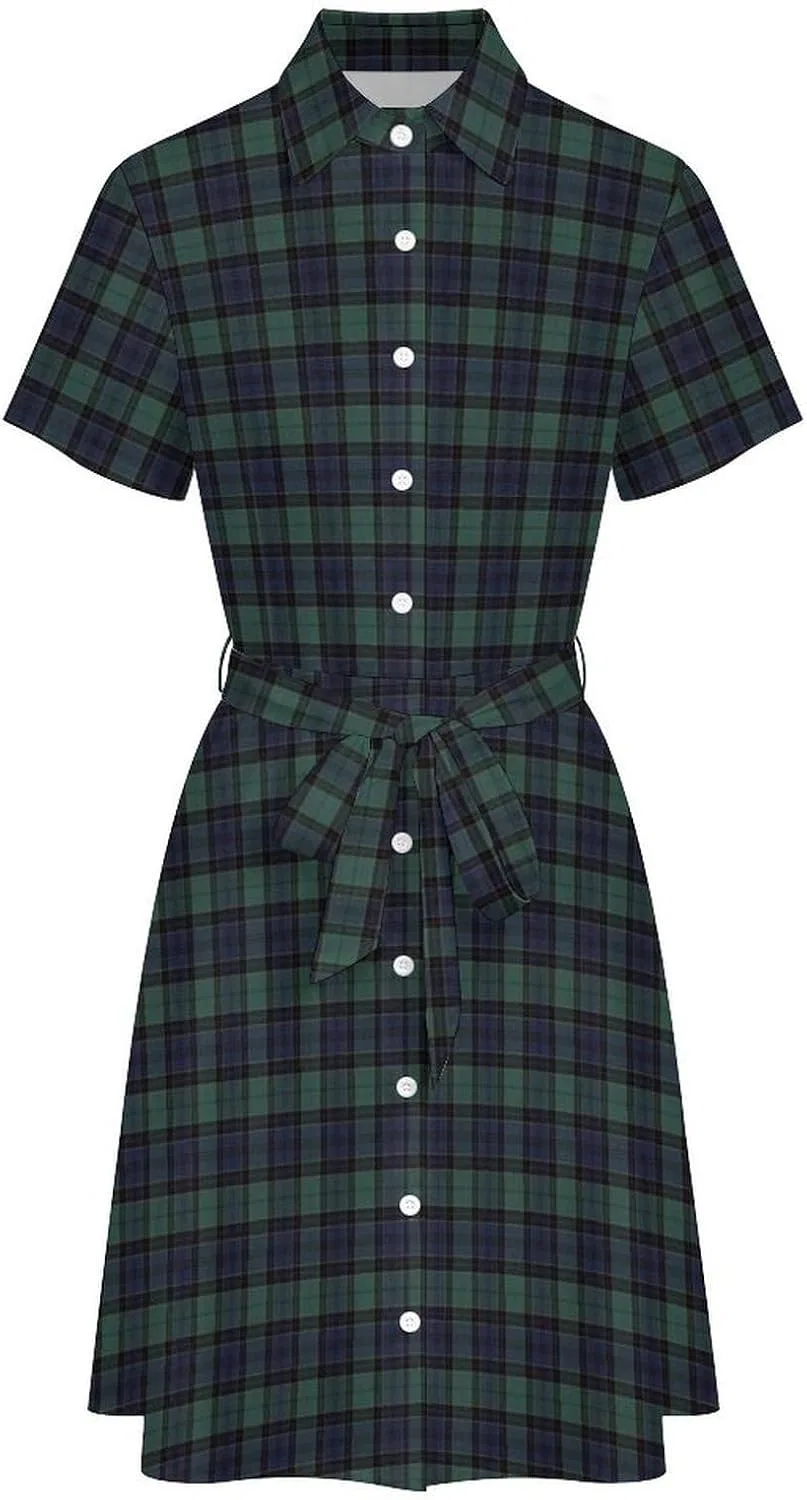 Женское платье-рубашка с клетчатым узором, Short Sleeve Tie Waist Mini Dress, Style — фото 3
