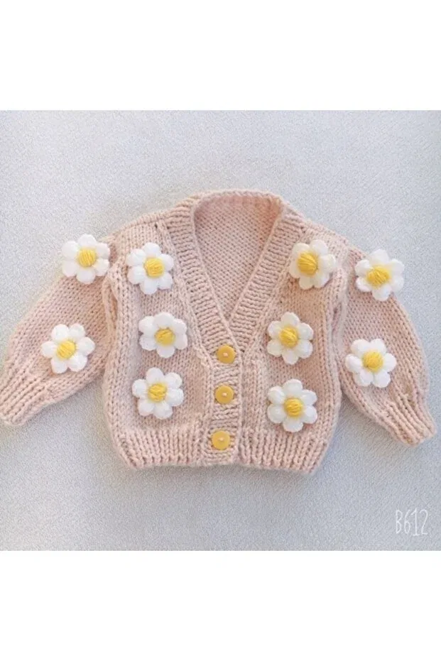 Детский кардиган-кроп с принтом Hand Knitted Baby Daisy Crop Cardigan Izmirblanket, Powder Pink — фото 2