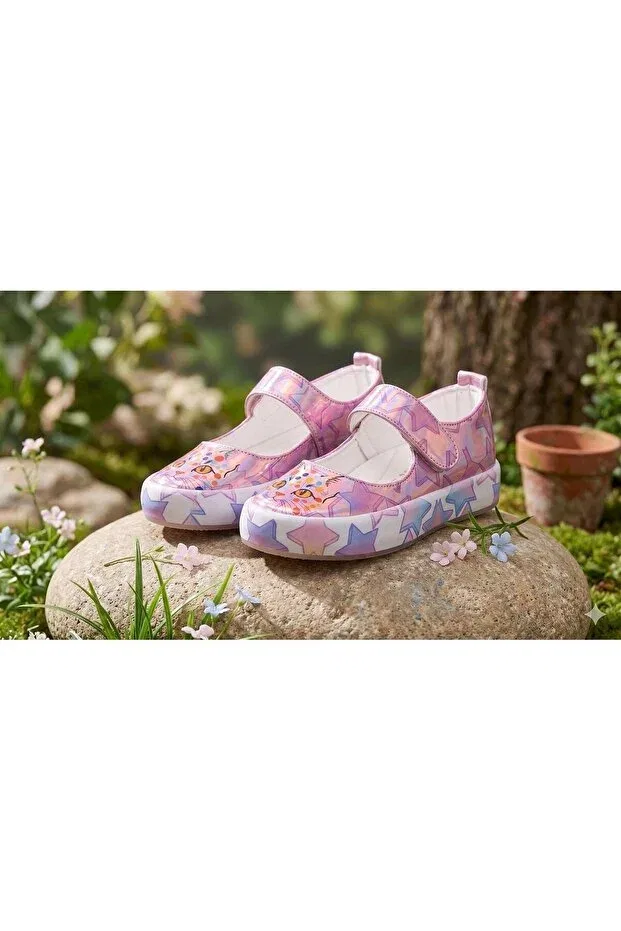 Детские балетки для девочек с принтом Hologram girls' ballerina casual shoes with lighted cat figure (light-free between sizes 31-35) Pabuçland, Pink