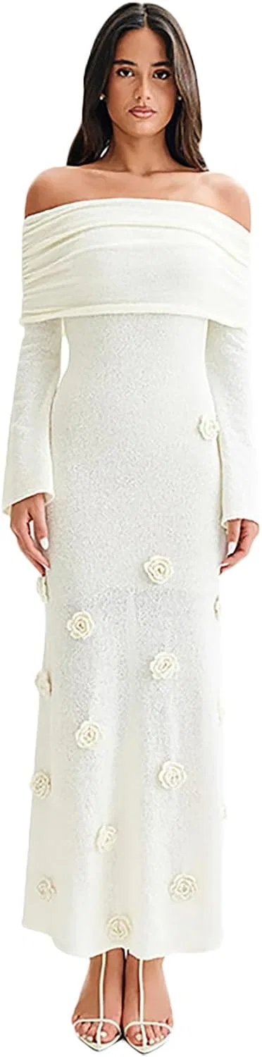Женское платье-макси с открытыми плечами вязаное кружевное Bodycon, White
