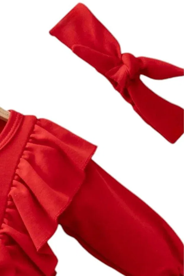 Детское платье для девочек с длинным рукавом Red bow ruffle dress and headband 2-piece baby girl set Dumledo, Red — фото 3