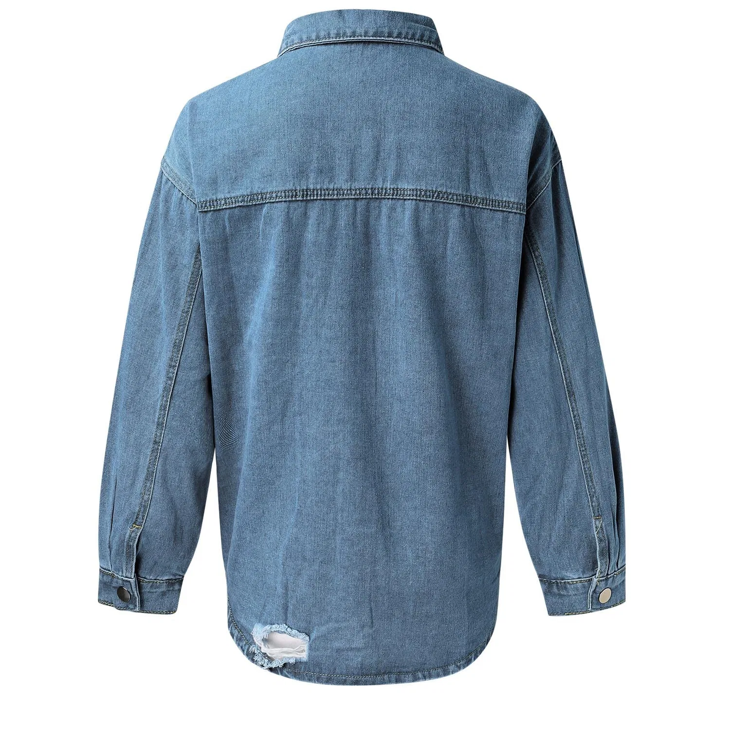 Женская джинсовая куртка с принтом, с длинным рукавом, модель Giacca di Jeans Strappata Lavata Autunno e Inverno da Donna Giacca di Jeans con Tasche Larghe Giacca di Pelle Corta, Blu — фото 3