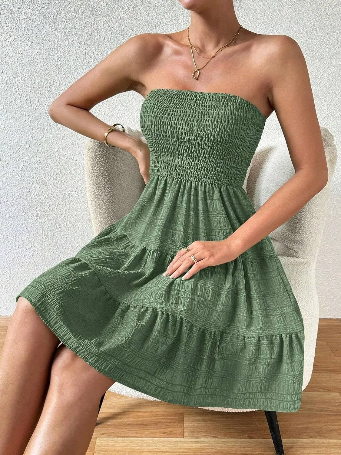 Женское повседневное платье A-силуэта с воланами Sleeveless Tiered Ruffle, Army Green — фото 4