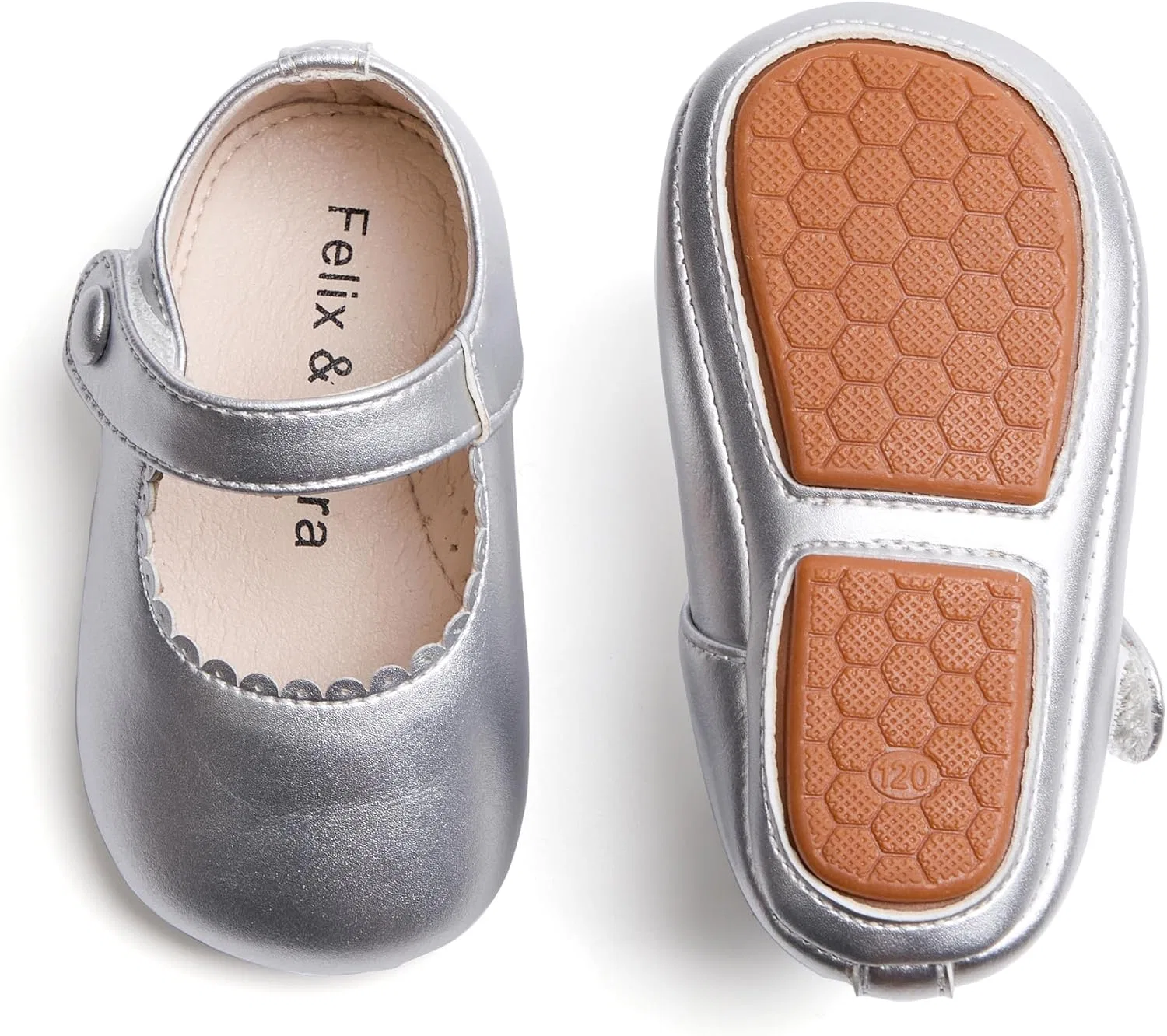 Детские туфли Мэри Джейн на мягкой подошве Moccasins Rubber Sole Crib Shoes Felix & Flora, Silver