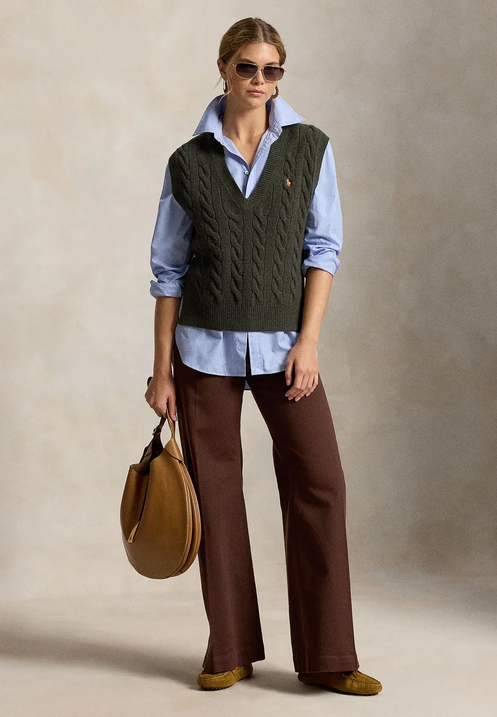 Свитер-Жилет крупной вязки из шерсти и кашемира Polo Ralph Lauren, Olive Umber Heather — фото 2