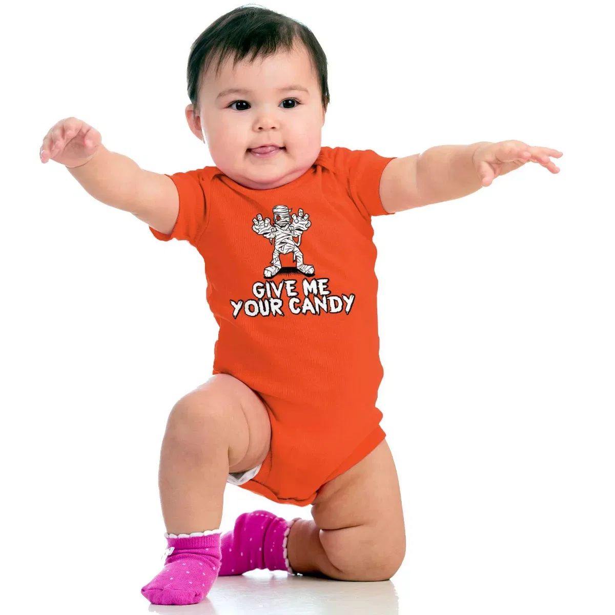 Детский боди-комбинезон с принтом Funny Halloween Mummy Give Me Candy Brisco Brands, Orange — фото 4