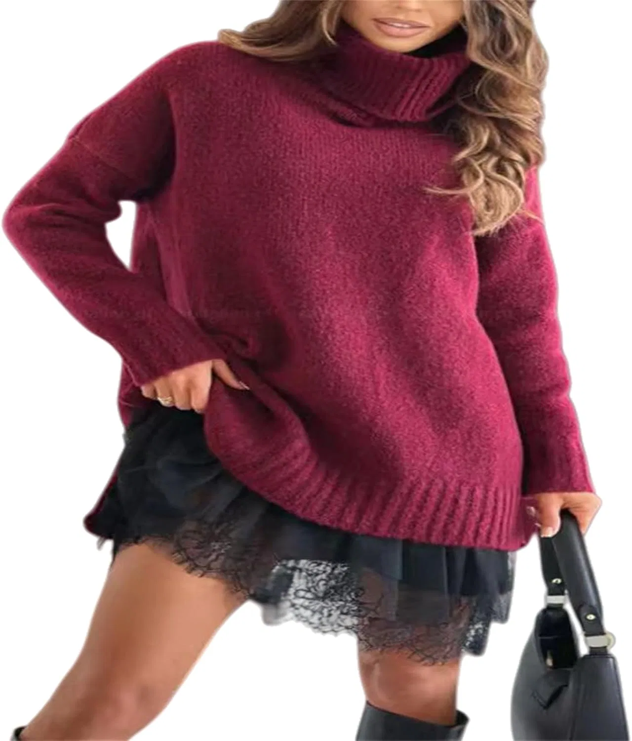 Женский комплект из водолазки и платья с кружевной отделкой, Fuchsia + Black