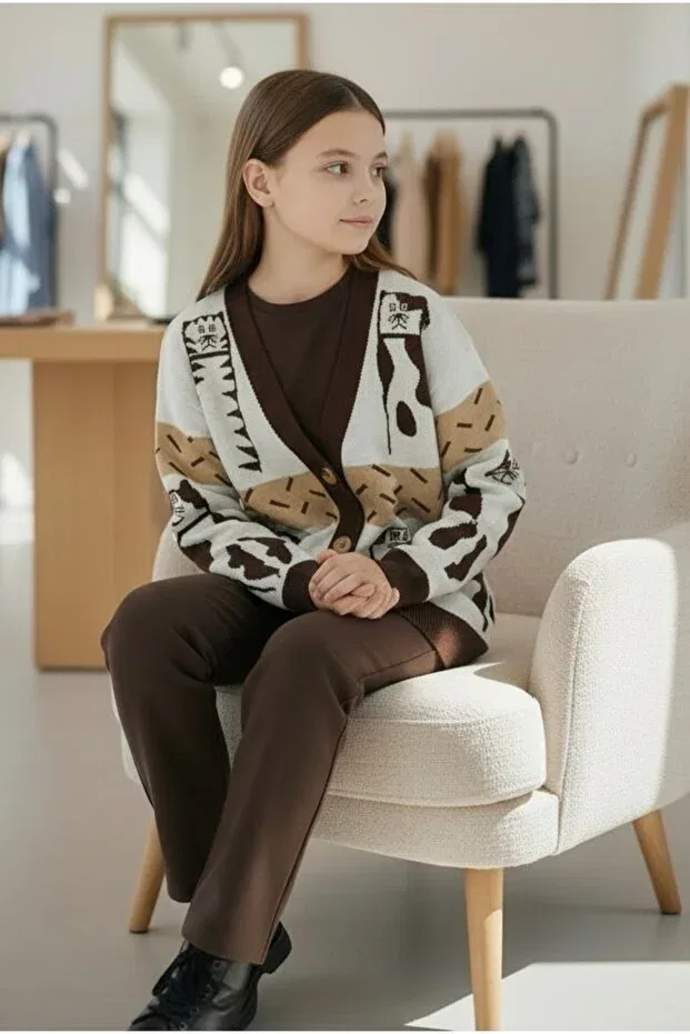 Детский кардиган для девочек с принтом Cat Printed Minimoda Kids, Beige — фото 4