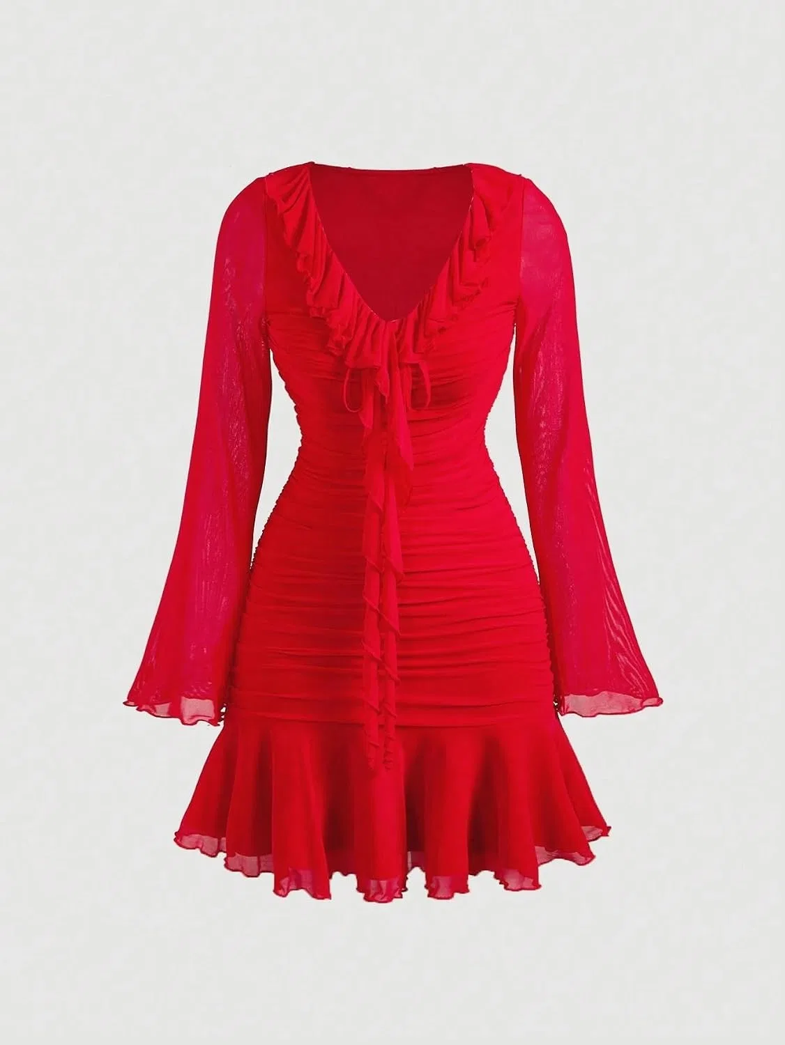 Женское облегающее платье с воротником V и рюшами, Red — фото 3