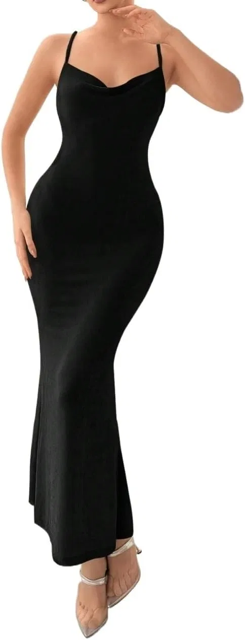 Женское длинное cami платье на тонких бретелях с открытой спиной Black