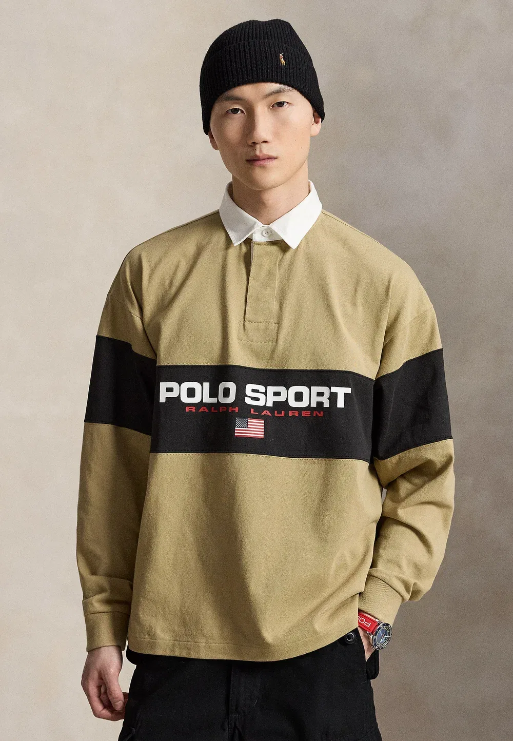 Свободная спортивная рубашка-поло для регби с длинными рукавами Polo Ralph Lauren, Rl Khaki/Black Boot