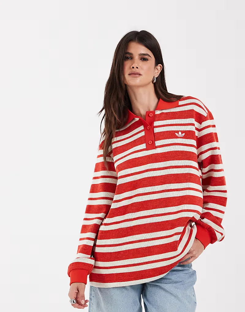 Вязаная регбийная поло-рубашка Adidas Originals Stripe красного, эксклюзивно представлена ​​на ASOS — фото 2