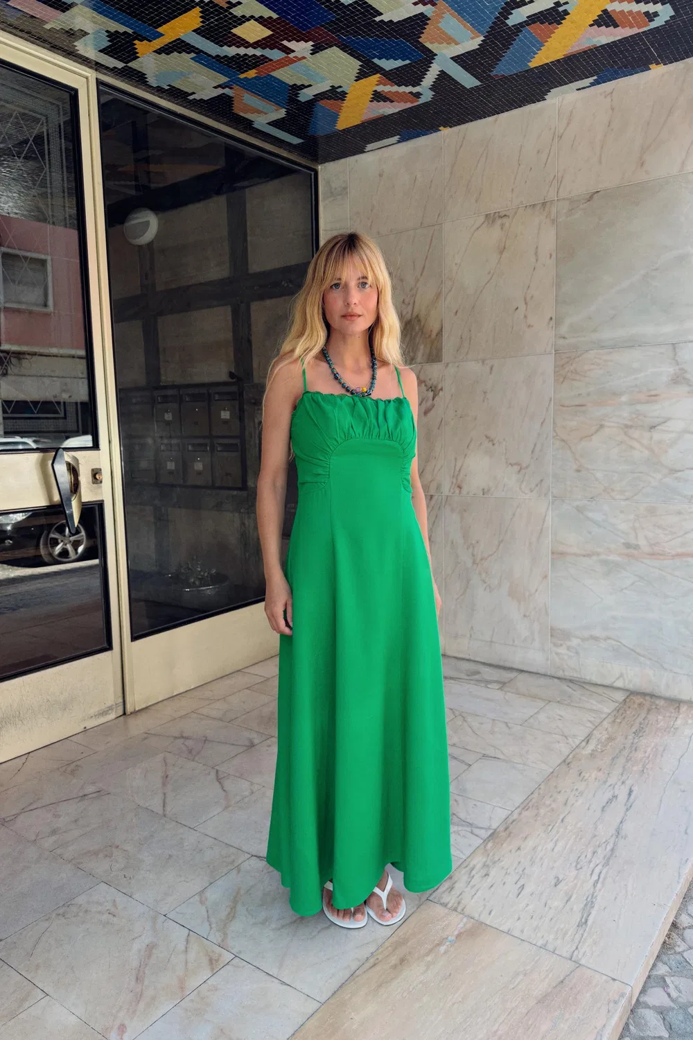 Платье миди из льняной смеси на бретелях ZARA, Green