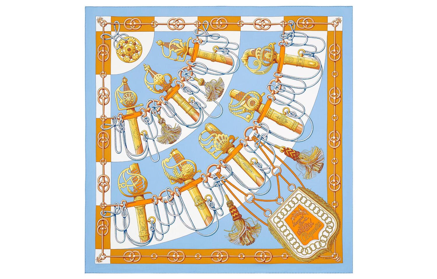 

Шёлковый платок HERMES Women's Sky Blue/Vintage Gold