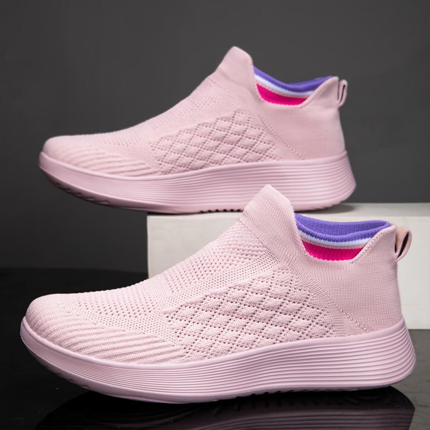 Кроссовки Ozefiad Slip-on для мужчин и женщин, сетчатые кеды без шнурков, повседневная обувь для прогулок, фиолетовый/розовый — фото 4