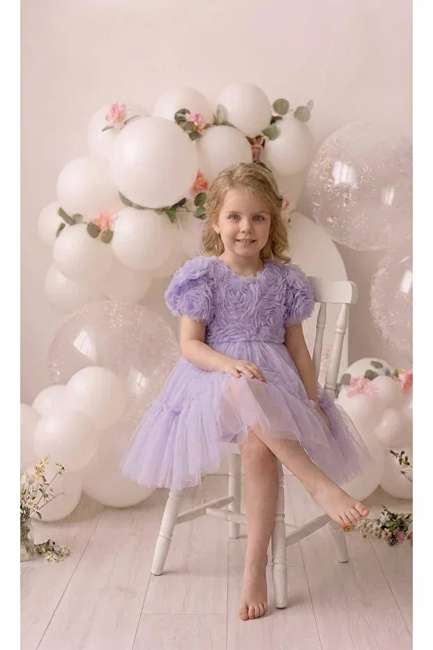 Детское платье для девочек с принтом Lilac 3d Rose Patterned Skirt with Ruffles at the Hem Graduation Special Occasion Girls' Dress Penu Baby Kids, Lilac — фото 4