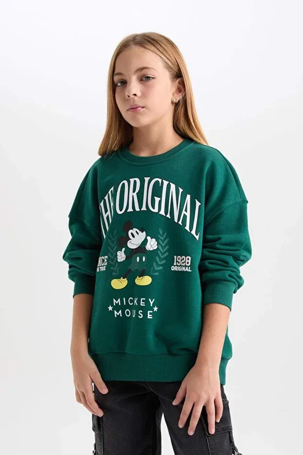 Детские свитшот для девочек с принтом Disney Mickey & Minnie Oversized Wide Fit Crew Neck Soft Fleece Defacto, Green — фото 4