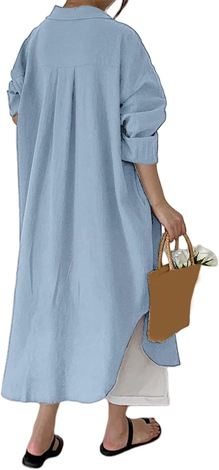 Женское платье-рубашка на пуговицах с закатанными рукавами Maxi, Blue — фото 3