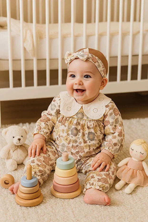 Детский комбинезон для девочек с кружевным воротником Gold Series Lace Collar Floral Cherub Baby, Beige