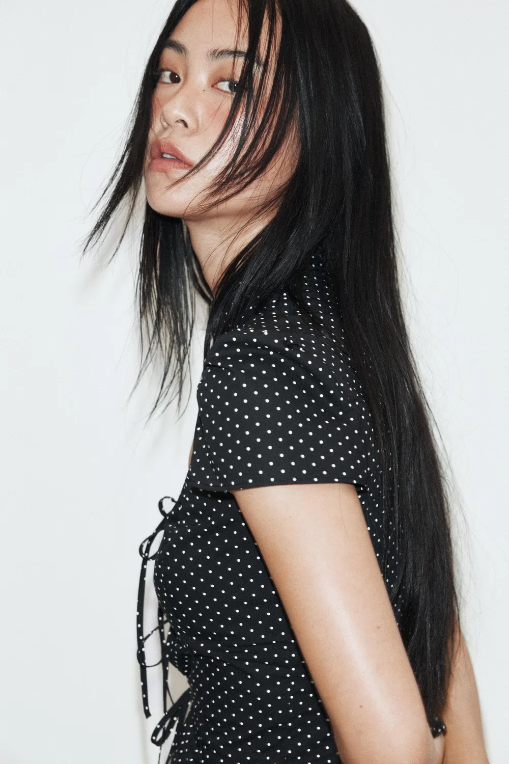 Рубашка из поплина с завязками и в горошек ZARA, Black/White — фото 3