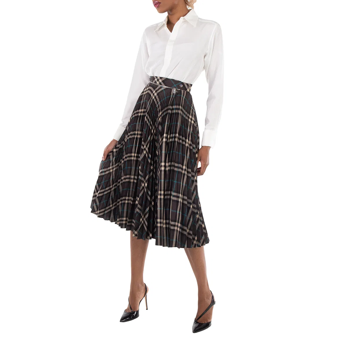 Юбка шерстяная в клетку с плиссировкой и молнией Checkered Pleated Zip-Detailed Wool Skirt Burberry, Snug Ip Check — фото 2