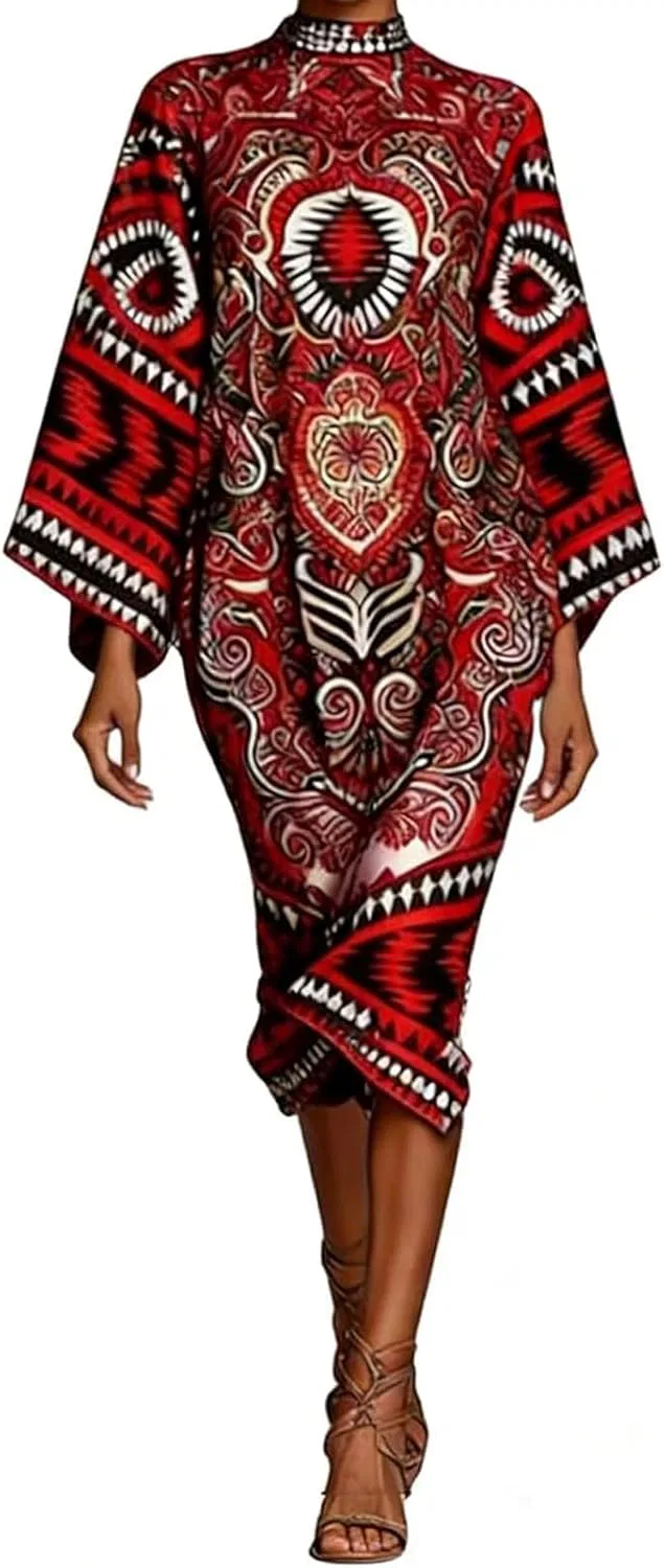 Женское платье-макси с принтом, Turtleneck Bell Sleeve Maxi Dress, чёрный