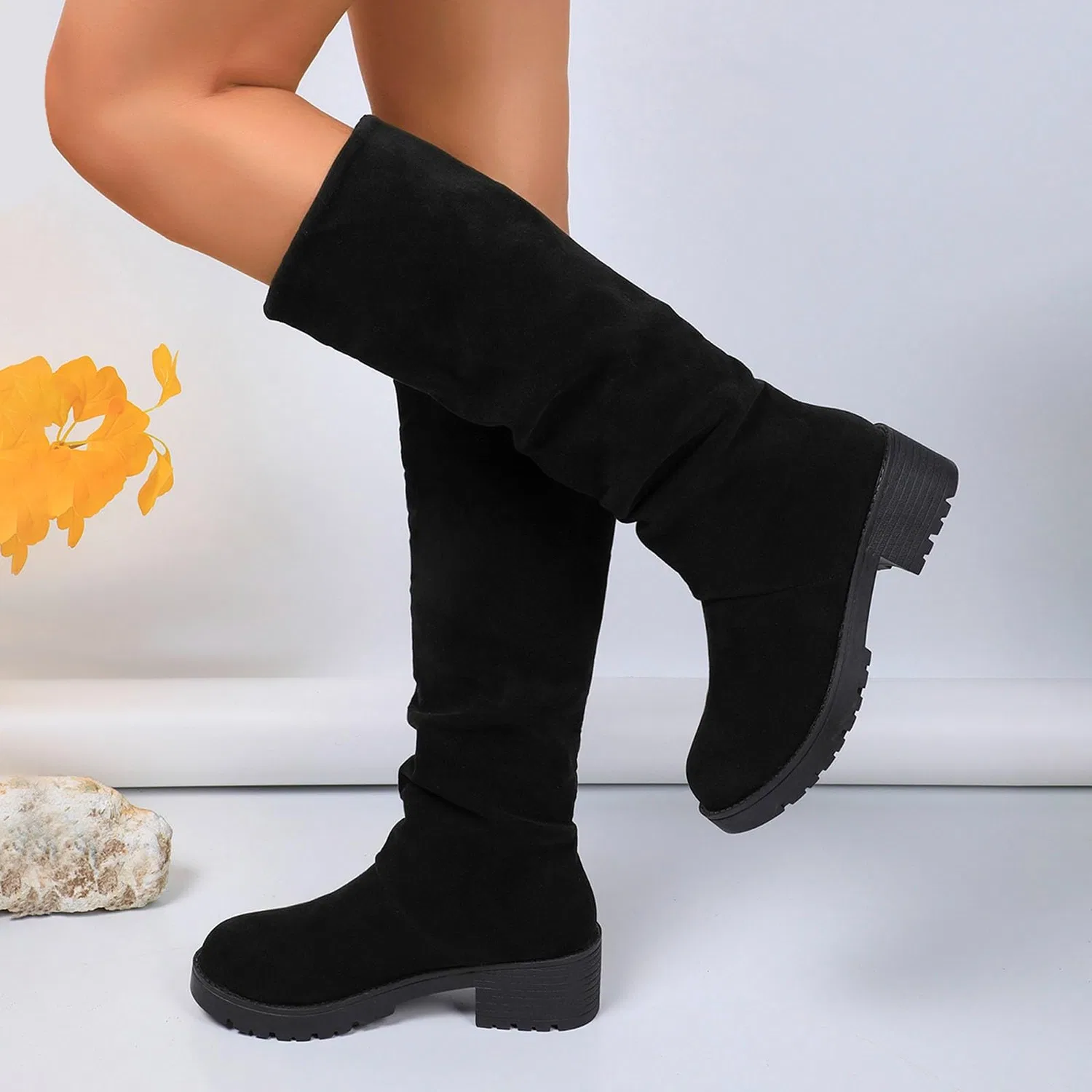 Детские сапоги для девочек Calf High Boots Winter Fashion Knee High Boots Comfortable Casual Heeled Boots, Black — фото 2