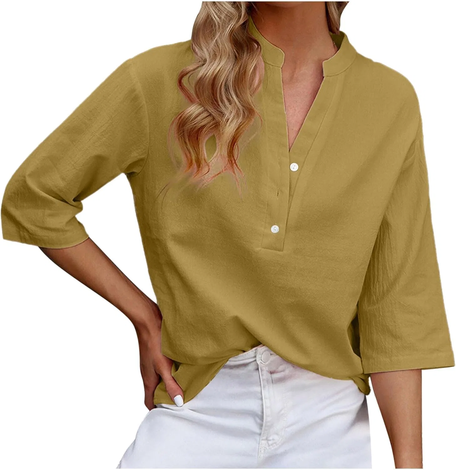 Женская блуза с V-образным вырезом Button Down Linen, Yellow