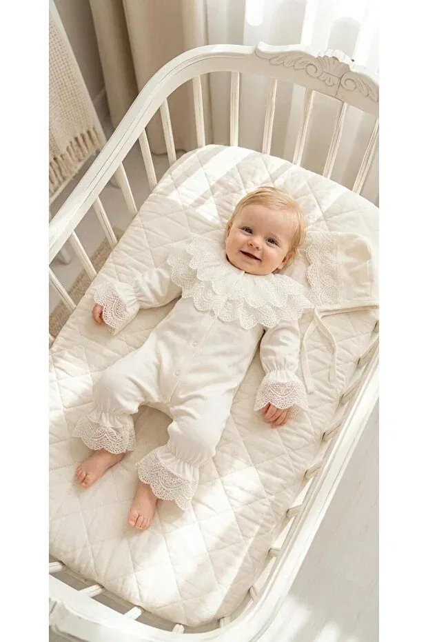 Детский комбинезон для девочек хлопковый Mevlutluk Jumpsuit With Lace Bandana Miniday Baby, Ecru