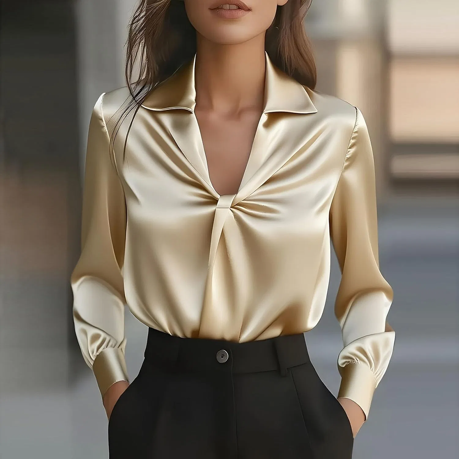 Женская блуза с V-образным вырезом и завязкой Satin, Gold — фото 2