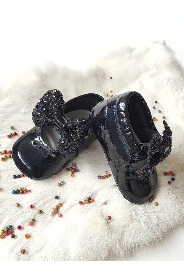 Детские тапочки для девочек кожаные Alice patent leather stoned navy blue leather loafer Hodore, Navy Blue With Stones — фото 3