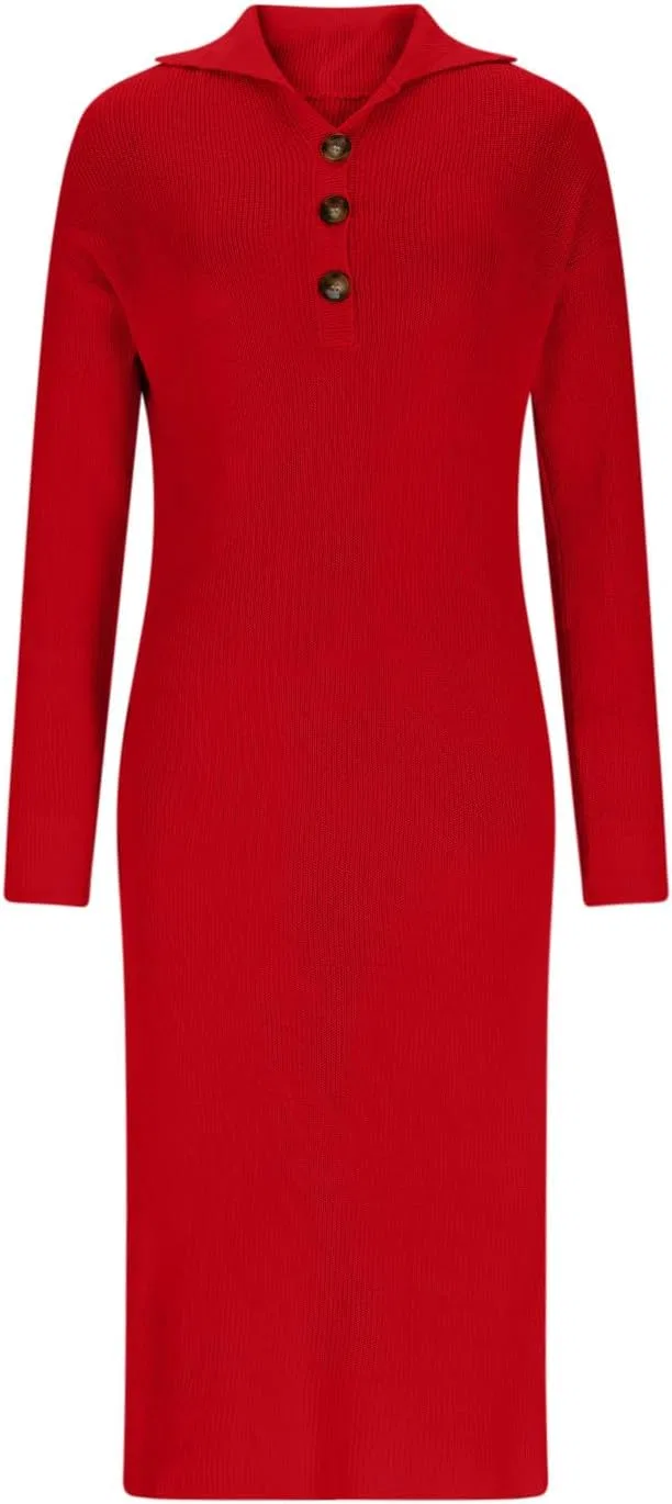 Женское свободное платье с воротником-лацканом, Knitting Cotton, Red — фото 4