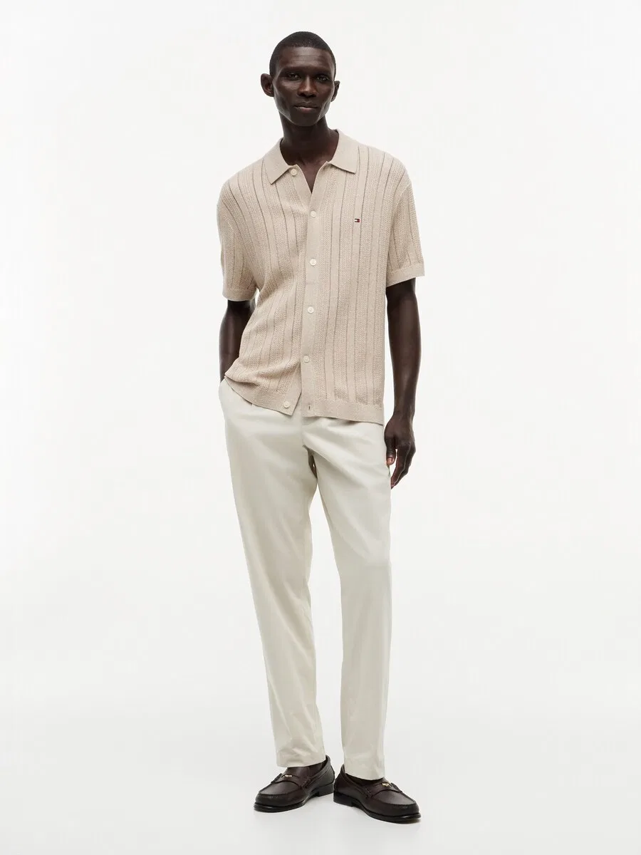 Вязаный кардиган TOMMY HILFIGER 'Relaxed Pointelle Short Sleeve With' бежевого цвета — фото 4