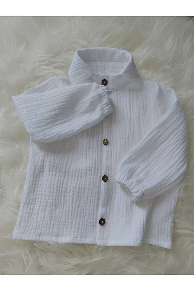Детская рубашка из муслина для мальчиков с длинным рукавом Ykr Design, White — фото 4