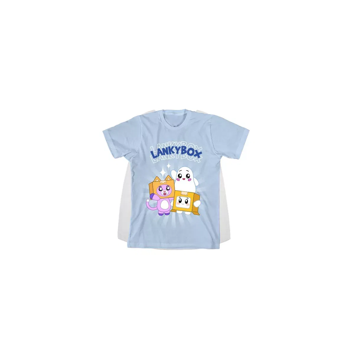 Детская футболка с принтом LankyBox Group Shot Youth Light Blue Crew Neck Short Sleeve Cosplay Tee With Ghosty Cape LankyBox, Lankybox Group Shot