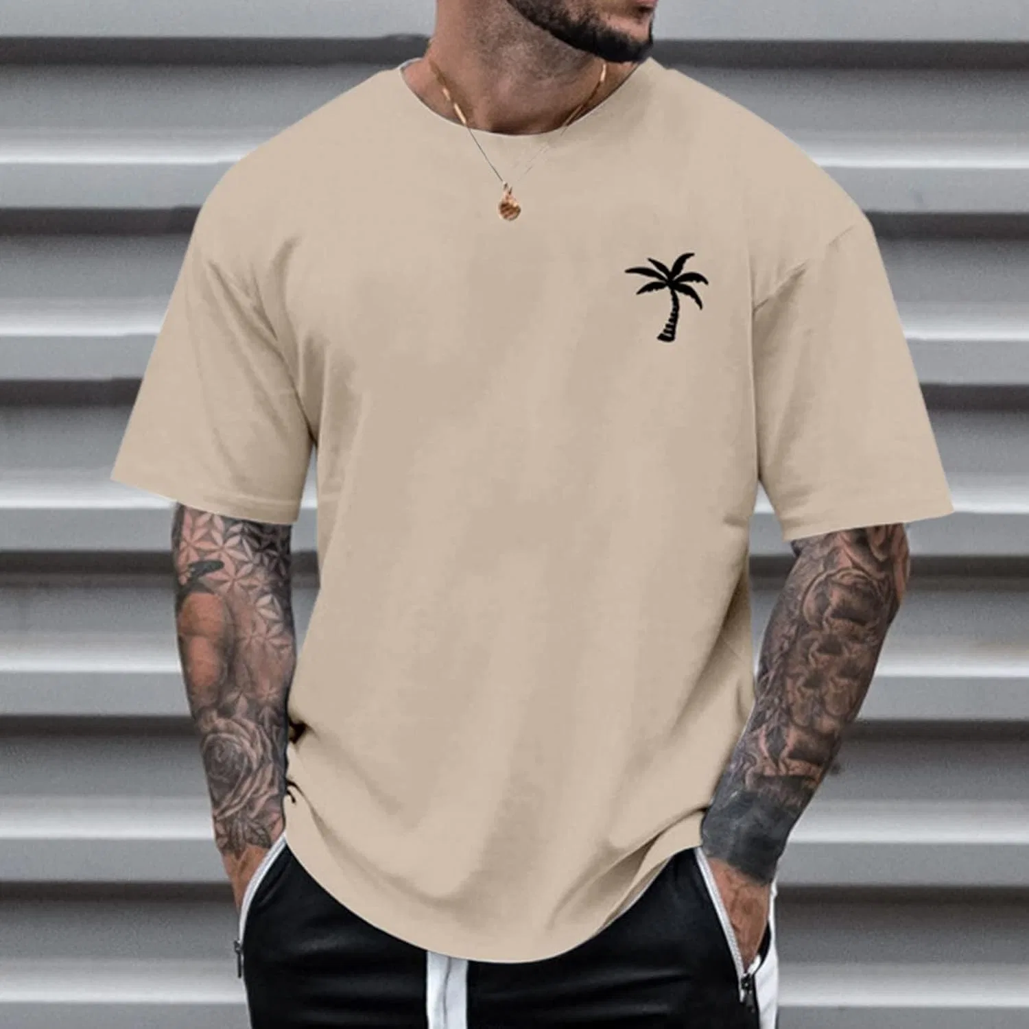 Мужская футболка свободного кроя с круглым вырезом, Khaki — фото 2