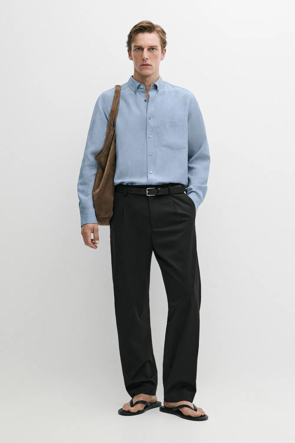 Рубашка Massimo Dutti, свободная, из лиоцелла и льна, синяя