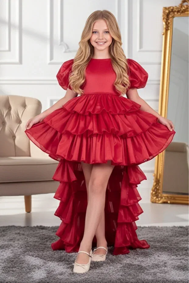 Детское вечернее платье для девочек с коротким рукавом Dream Model Crowned Tail Red Abiyekids, Red — фото 3