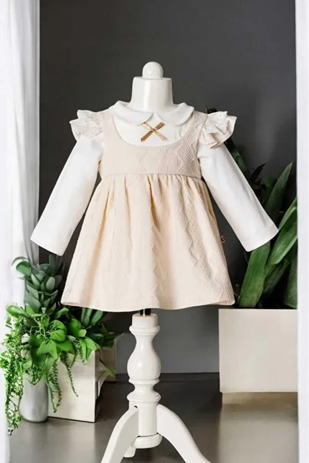 Детское платье-боди для девочек хлопковое с бантом Bow-Adorned Peter Pan Collar Bodysuit Dress Dinamik Çocuk, Cream