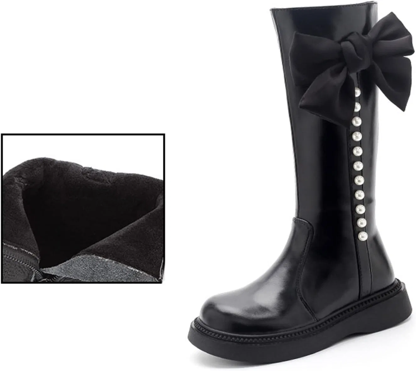Детские сапоги для девочек с принтом, модель Girls Knee High Boot Leather Zipper Shoes Bowknot Diamond Low Chunky Heel Zipper Fashion Winter Riding Boots, Black — фото 4