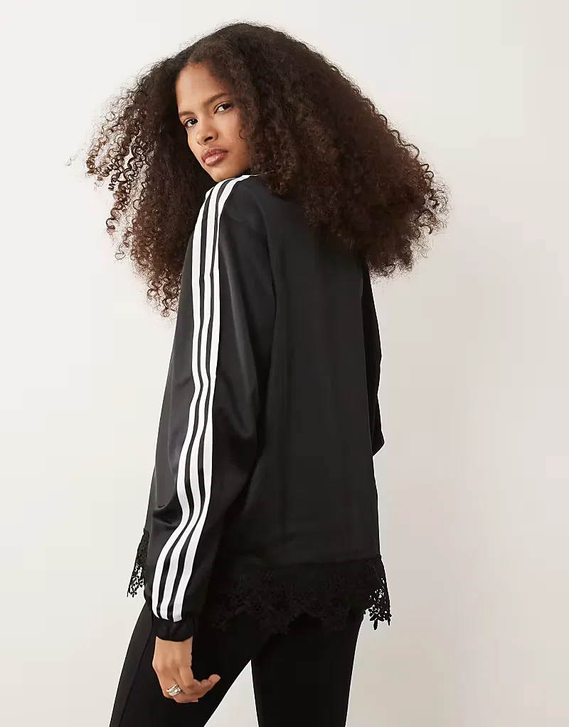 Атласная спортивная куртка Adidas Originals Firebird с кружевной отделкой по низу, черный — фото 4