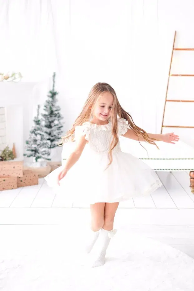 Детское платье для девочек хлопковое Lindy Laced Short Sleeve Princess Dress 22002 Adabebek, White