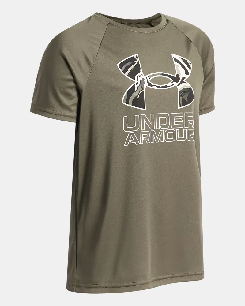 Футболка для мальчиков с коротким рукавом, влагоотводящая UA Tech Hybrid Print UnderArmour, Marine Od Green/White — фото 3
