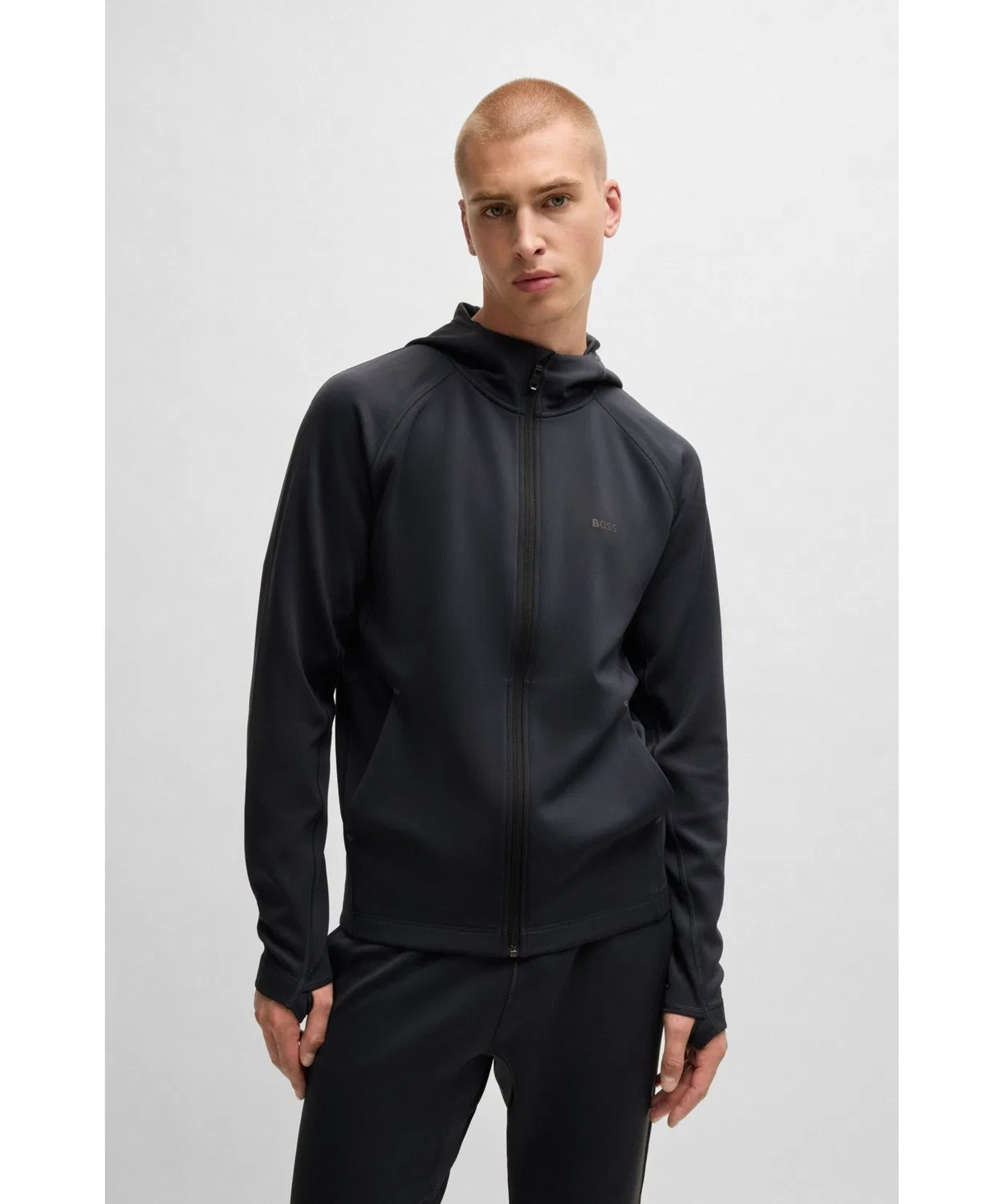 Мужской худи с принтом Active Stretch Zip Up Hoodie BOSS, Dark Blue