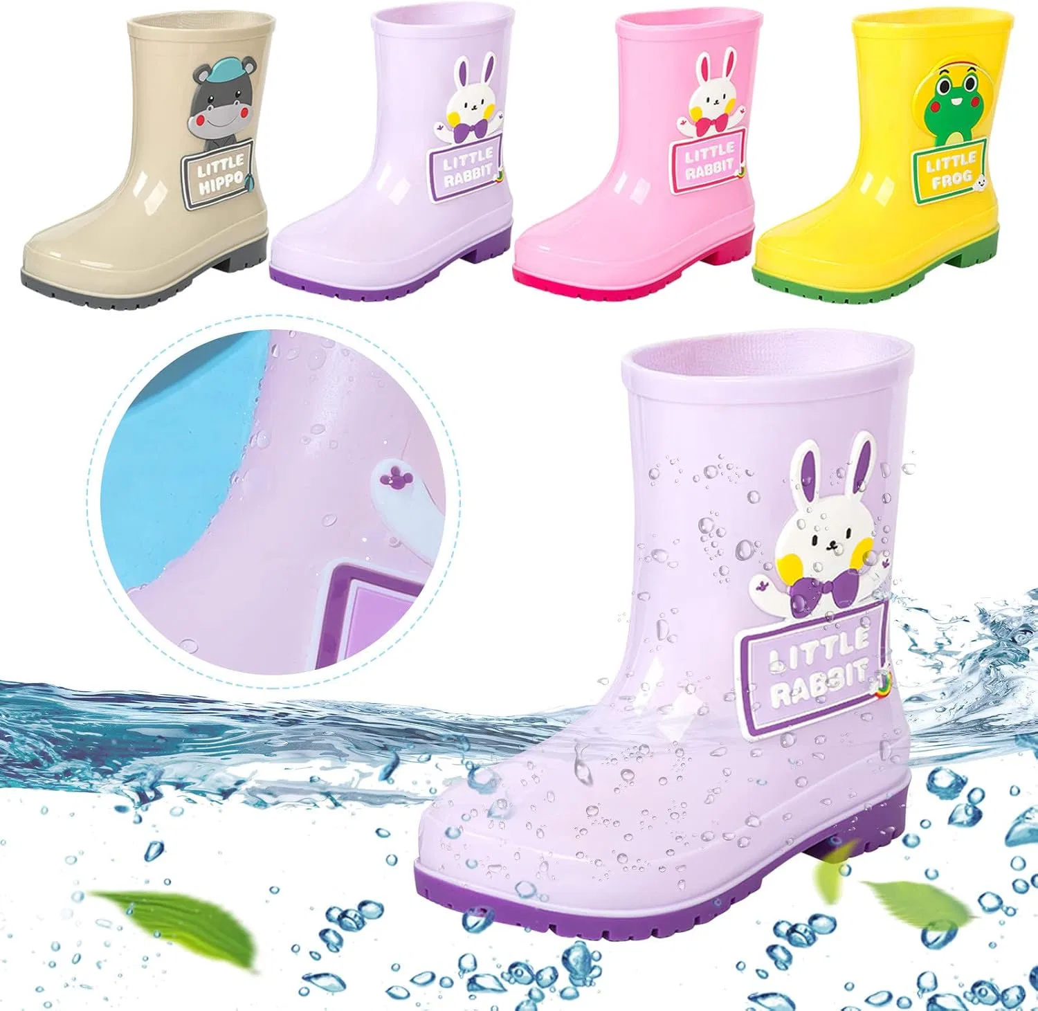 Детские резиновые сапоги с принтом Hippo для мальчиков и девочек, Purple — фото 4