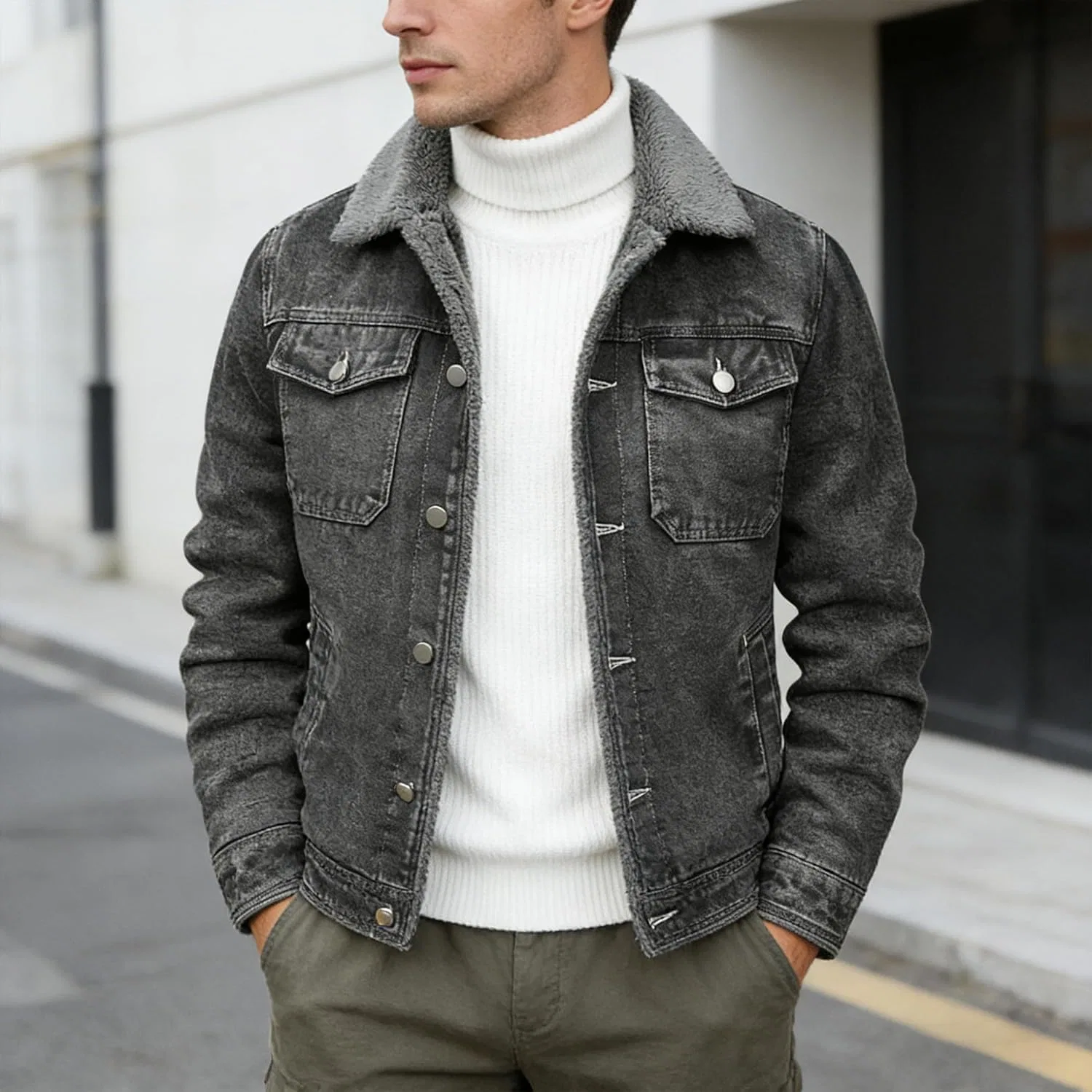 Мужская джинсовая куртка с флисовой подкладкой, Slim Fit, серый — фото 2