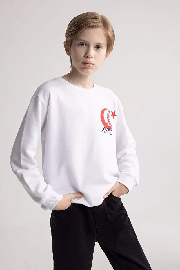 Детские свитшот для мальчиков с принтом Ataturk Printed Embroidered Defacto, White-Wt34